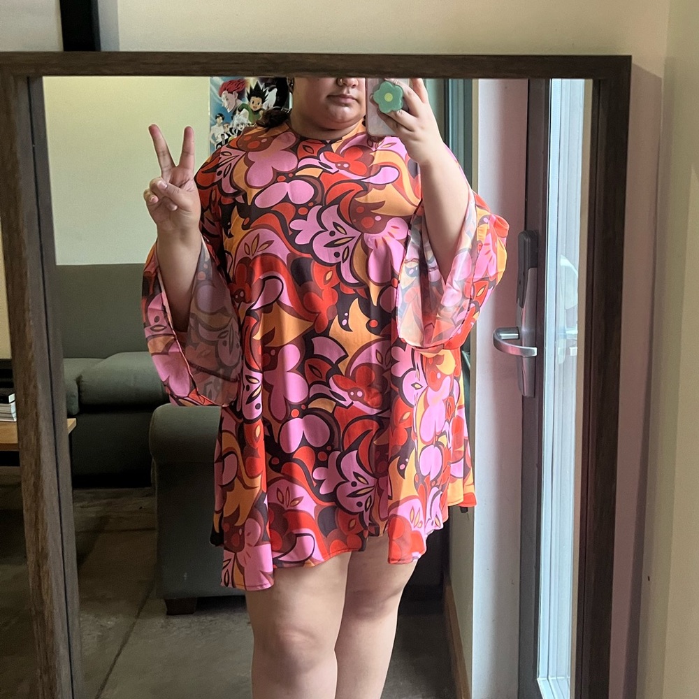 Asos Twisted Wunder Plus retro bell sleeve mini swing dress in boho 70s print